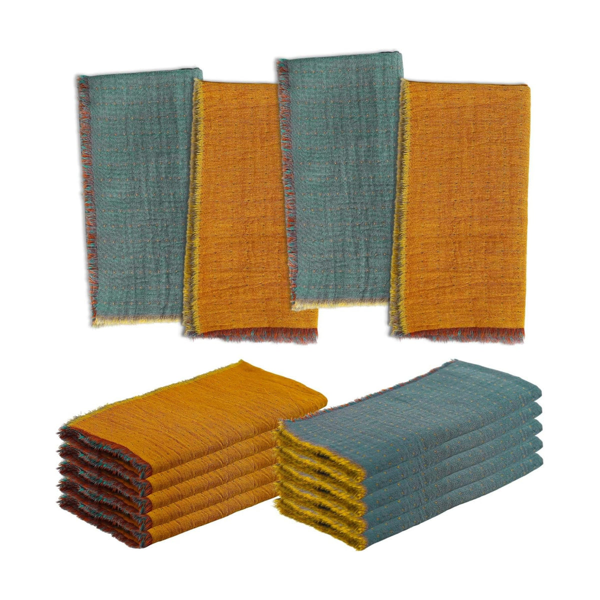 10 Pack Cloth Napkin Double-Layer 100% Cotton Table Dinner Napkins AB Surface Washable & Reusable Cloth with Elegant Fringe for Thanksgiving Day, Home Decor, Family Event Parties(Yellow-Grey)