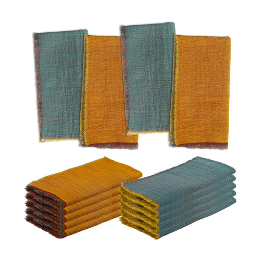 10 Pack Cloth Napkin Double-Layer 100% Cotton Table Dinner Napkins AB Surface Washable & Reusable Cloth with Elegant Fringe for Thanksgiving Day, Home Decor, Family Event Parties(Yellow-Grey)
