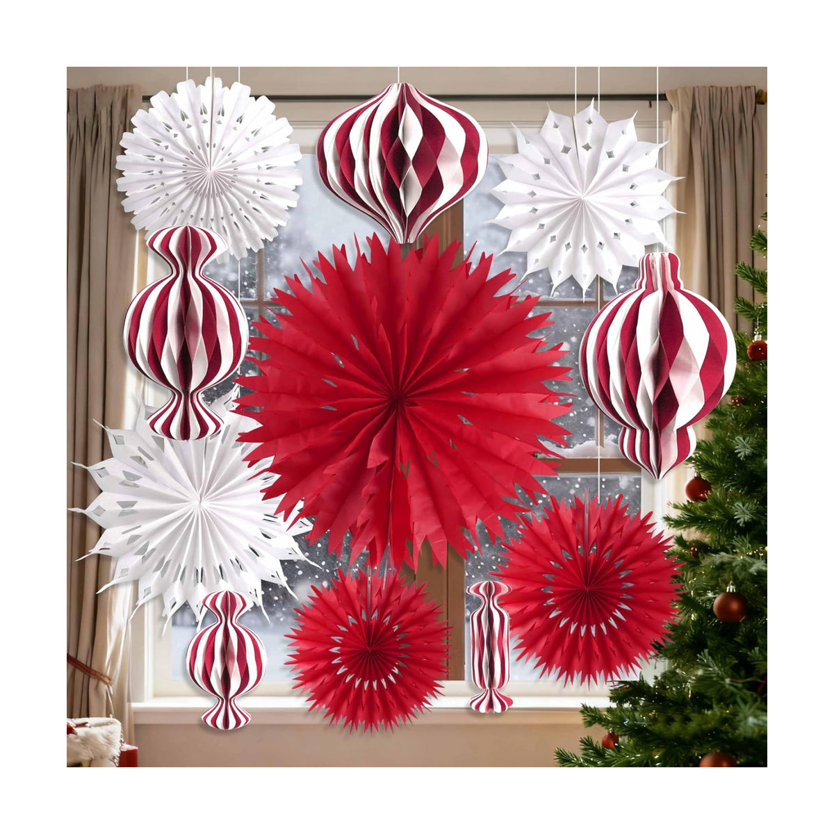 Red and White Christmas Decorations Set, 11Pcs 3D Candy Paper Honeycomb Ornaments Paper Snowflake Fans, Decorative Hanging Lantern Ornaments for Xmas Tree Winter New Year Holiday Party Home Decor