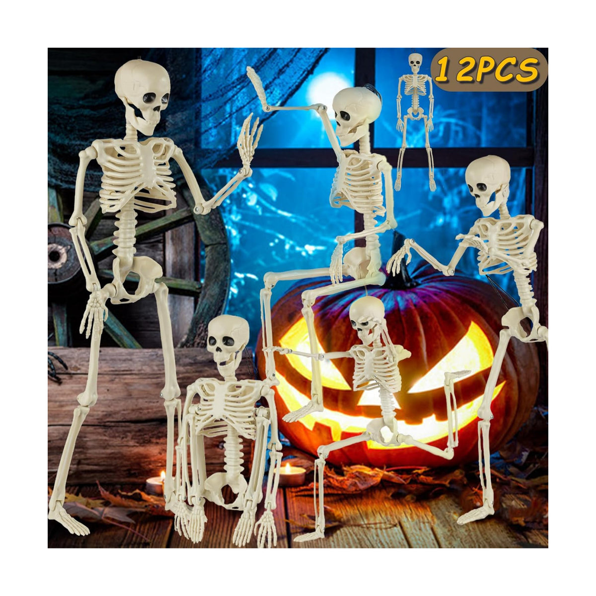 12 Packs Skeleton Halloween Decorations Outdoor with 16" Full Body Posable Joints Skeletons Decor, Halloween Party Decor Indoor, Yard Garden Lawn Graveyard Haunted House Props Spooky Party Decorations