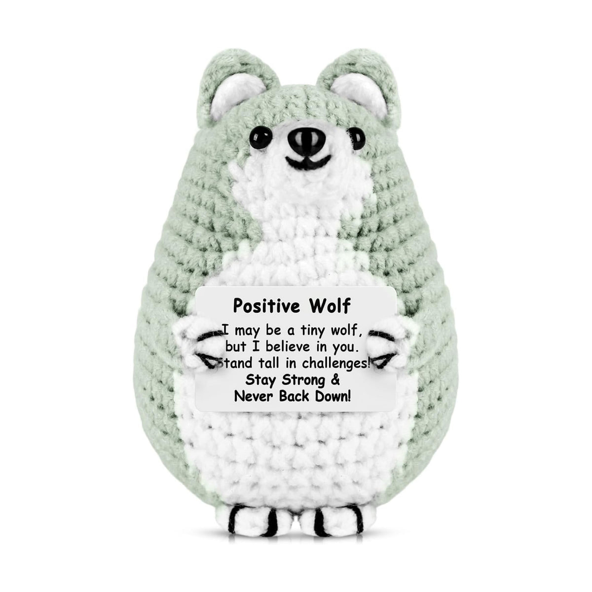 Mini Wolf Positive Crochet Animals Gift Emotional Support Crochet Wolf with Positive Card for Women Men Inspirational Handmade Birthday Funny Gift for Office Home Desk Decor