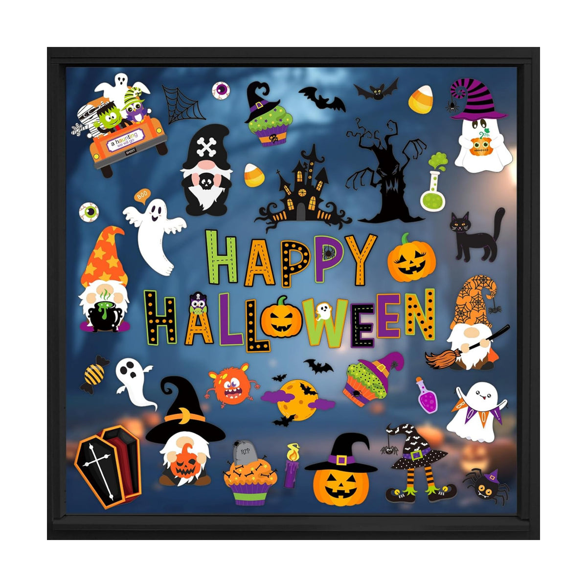 Whaline 9 Sheets Happy Halloween Window Cling Stickers Cartoon Pumpkin Ghost Gnome Window Decals Cute Reusable Decoration for Halloween Holiday Party Home Classroom