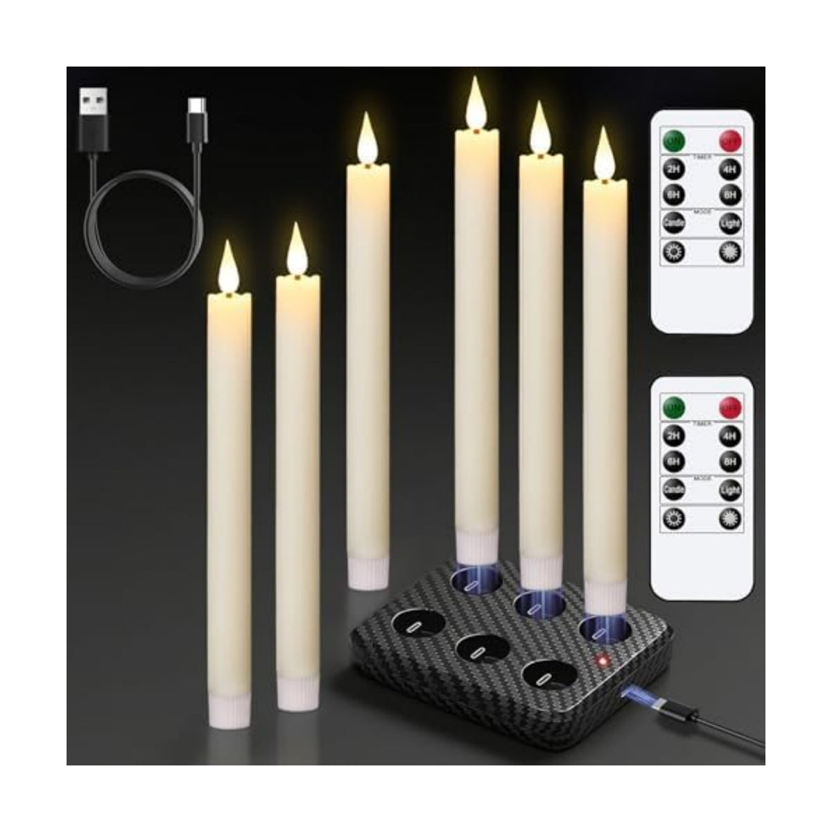 GenSwin Rechargeable Flameless Taper Candles Charging Base & 2 Remote Ivory