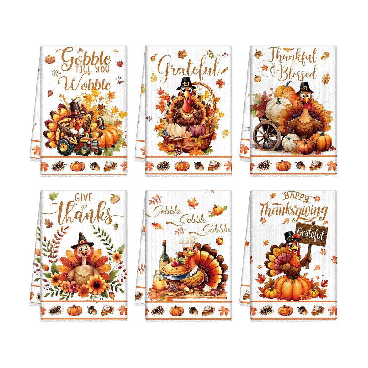 Ganeen 6 Pcs Thanksgiving Turkey Kitchen Towels, Vintage Fall Hand Towels