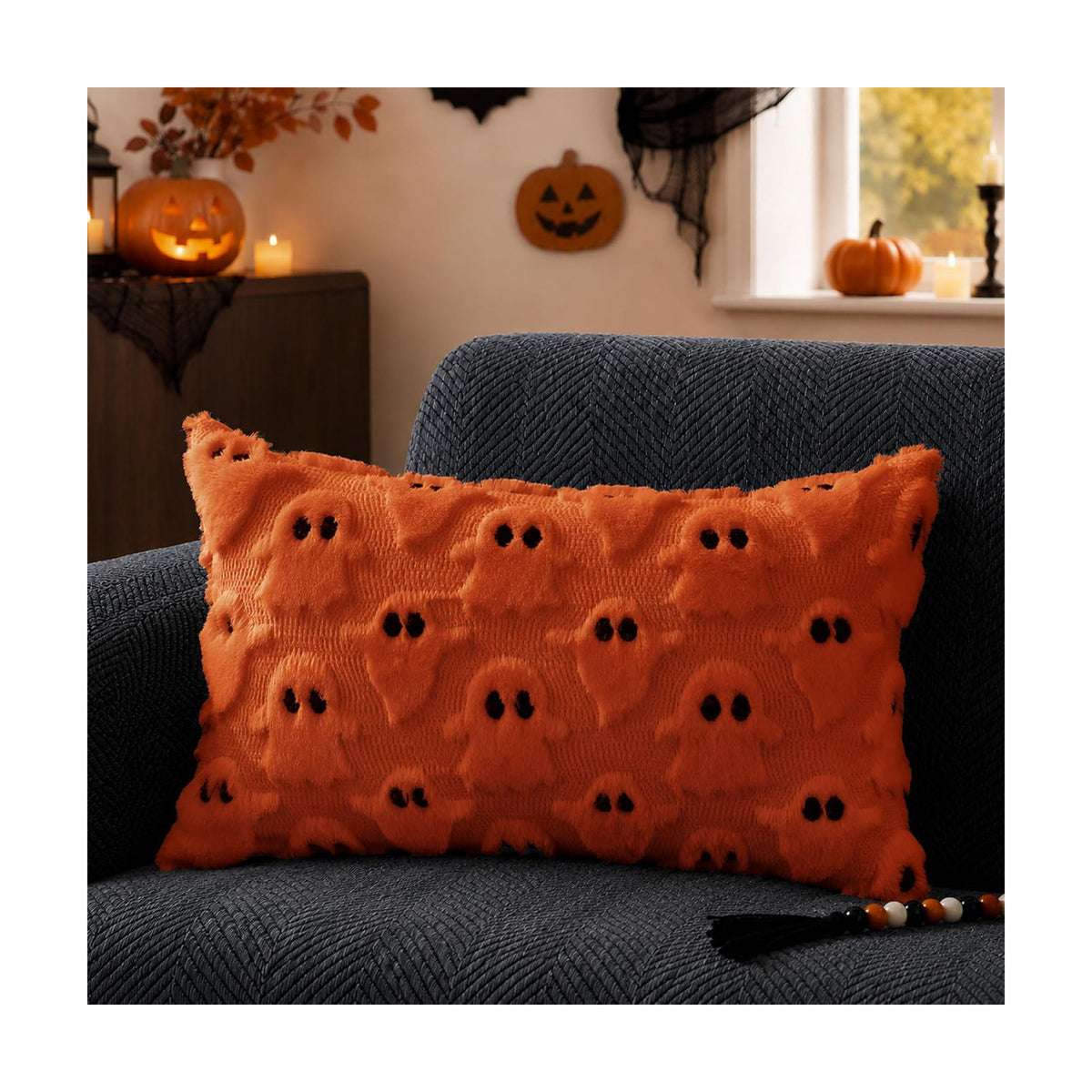 DFXSZ Halloween Pillow Covers 12x20 Orange Ghost Plush Halloween Decor095