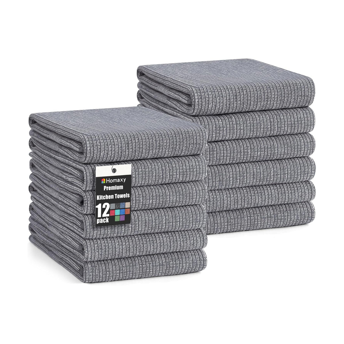 Homaxy 380 GSM Cotton Premium Kitchen Towels 12 Pack, 18"x 28", Grey | Flat and Terry Dish Towels, Highly Absorbent Tea