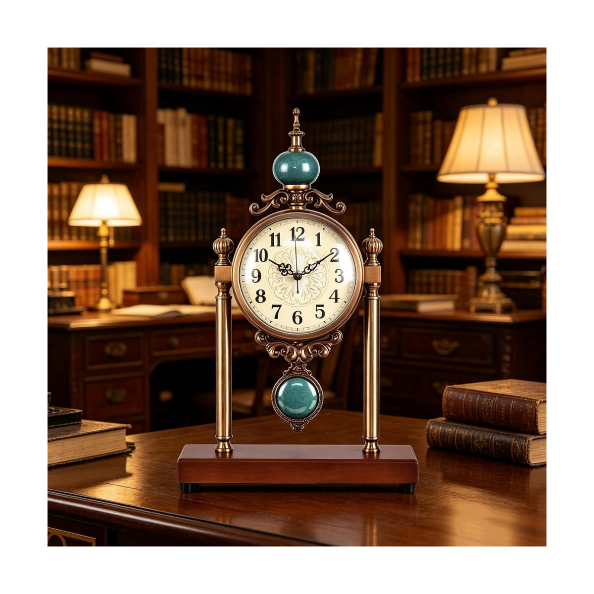 Vintage Mantel Clock, Silent Non-Ticking Table Clock with Pendulum, Luxury Metal & Wood Desk Clock for Living Room