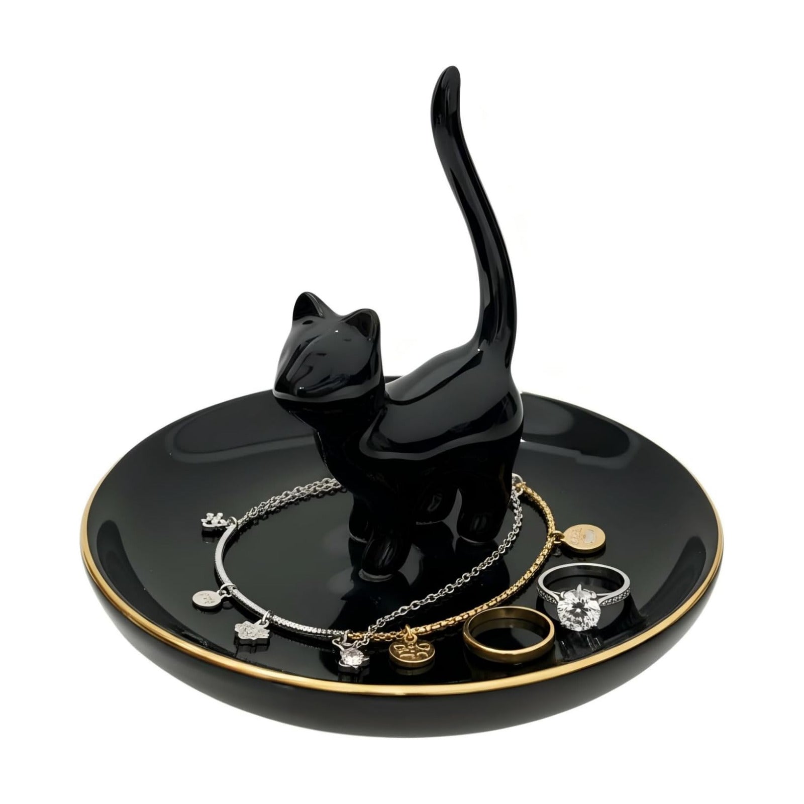 Cat Ring Holder Trinket Tray Ceramic Jewelry Dish Porcelain Ring Organizer-Gift / Black