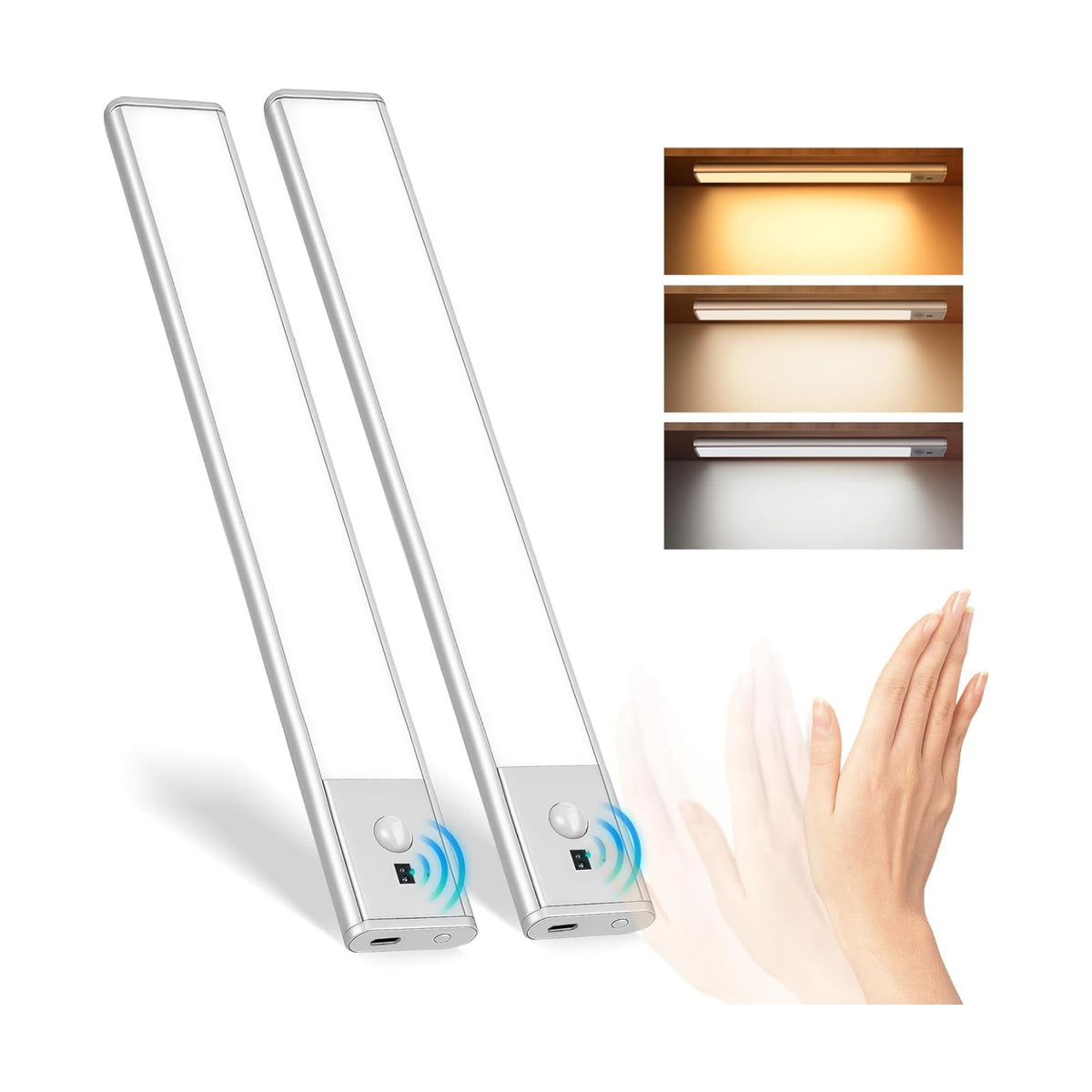Rechargeable Under Cabinet Lights, 11.8 Inch Motion Sensor LED Light Bars with Hand Wave Control, Dimmable 3 Color
