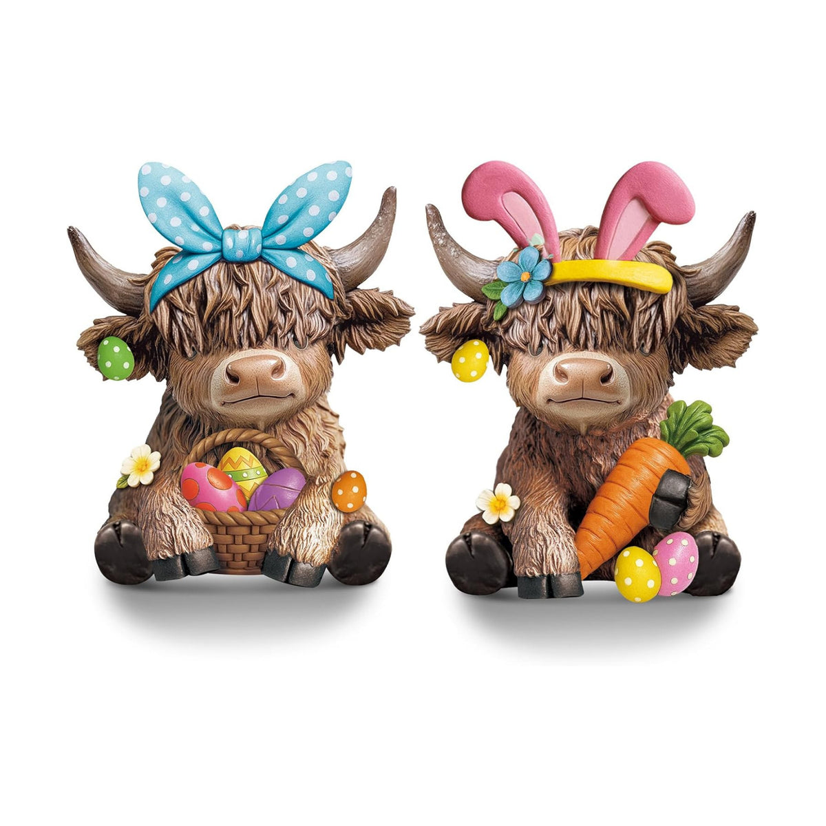 Karenhi 2 Pcs Highland Cow Figurines Resin, Bunny Ears Spring Decor