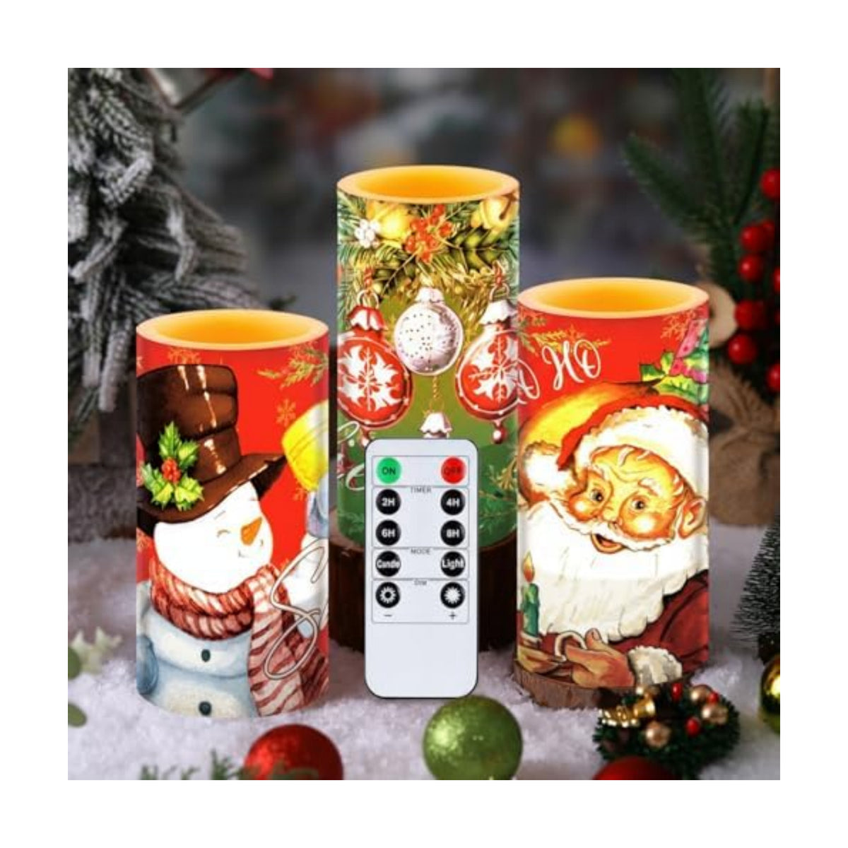 Retisee 3 Pcs Christmas Flameless Candles with Remote Timer Real Wax LED Flickering Pillar Candle White Cold Light Battery Operated for Home Window Xmas Gift Winter Holiday Decor(Red Green)
