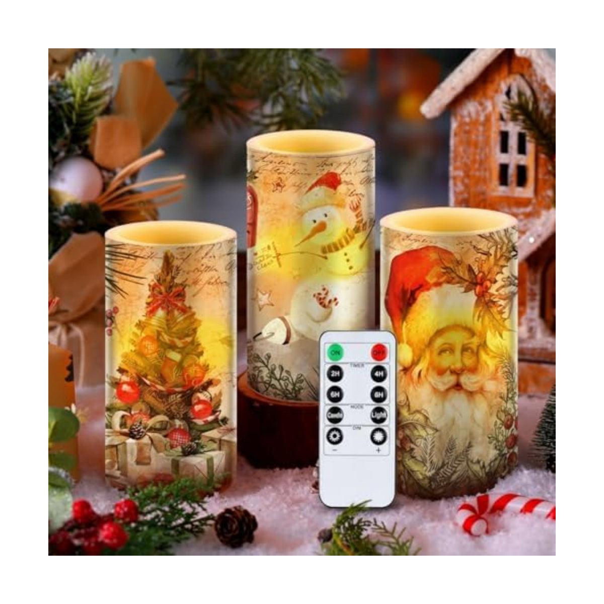 Retisee 3 Pcs Christmas Flameless Candles with Remote Timer Real Wax LED Flickering Pillar Candle White Cold Light Battery Operated for Home Window Xmas Gift Winter Holiday Decor(Retro)