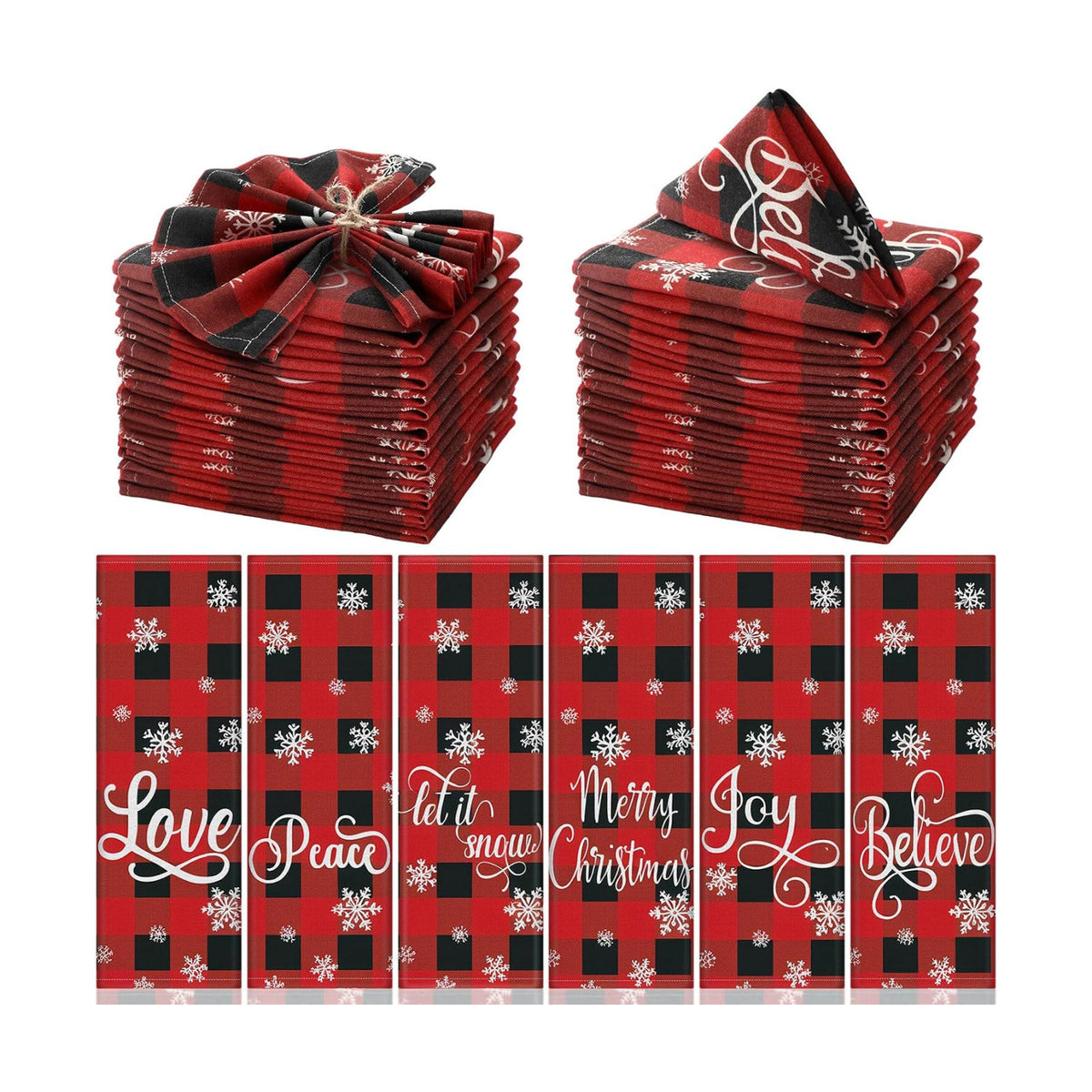 Funnymoom 24 Pcs Christmas Buffalo Plaid Cloth Napkins Red White 15x15