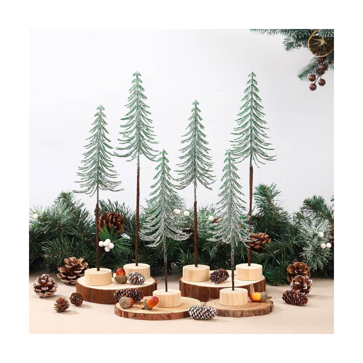 Jetec 6 Pcs Mini Christmas Tree Small Alpine Trees Tabletop Artificial Pine Christmas Tree with Wooden Base Snow Frost Village Bottle Brush Trees Holiday Season Decoration Centerpiece Displays(Green)