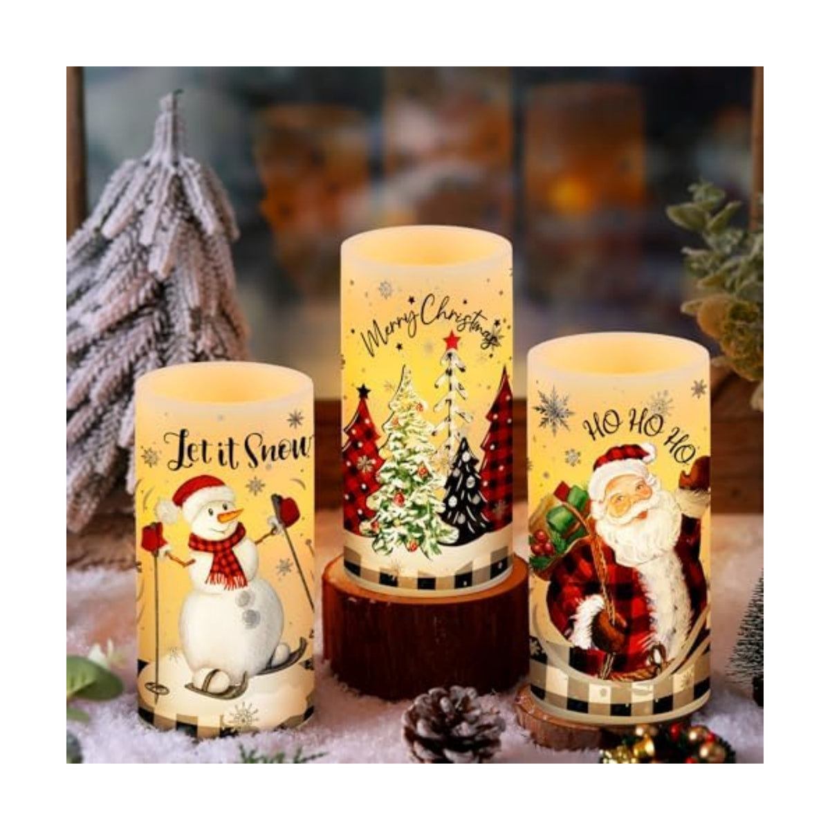 Retisee 3 Pcs Christmas Flameless Candles with Remote Timer Real Wax LED Flickering Pillar Candle White Cold Light Battery Operated for Home Window Xmas Gift Winter Holiday Decor(Buffalo Plaid)