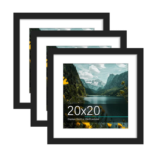 20x20 Black Picture Frame, Poster Frame for Wall, 3 Pack. | Fits 16x16 Photos With Mat or 20x20 Without Mat, Square