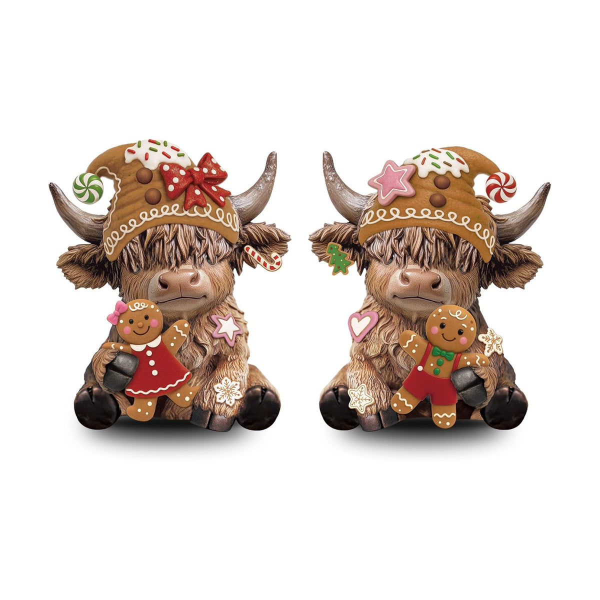 Karenhi 2 Pcs Highland Cow Figurines Resin, Gingerbread Christmas Decor