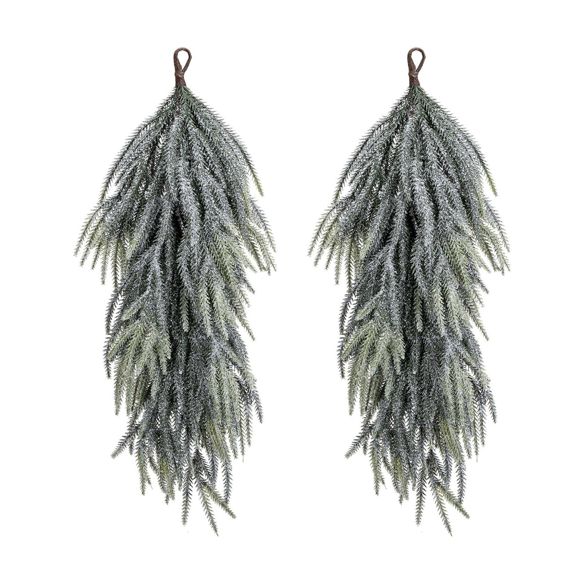 2 Pcs Artificial Christmas Snow Teardrop Swag, 28" Faux Glitter Snow Flocked Norfolk Pine Teardrop Door Swag, White Frosted Pine Wreath Staircase Swags for Xmas Door Mantle Fireplace Decor