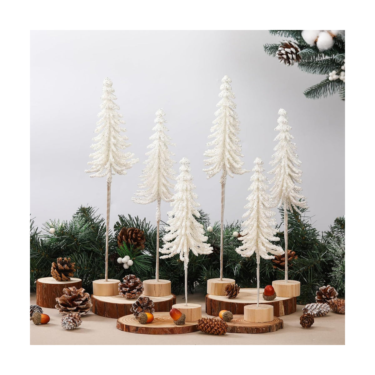 Jetec 6 Pcs Mini Christmas Tree Small Alpine Trees Tabletop Artificial Pine Christmas Tree with Wooden Base Snow Frost Village Bottle Brush Trees Holiday Season Decoration Centerpiece Displays(White)