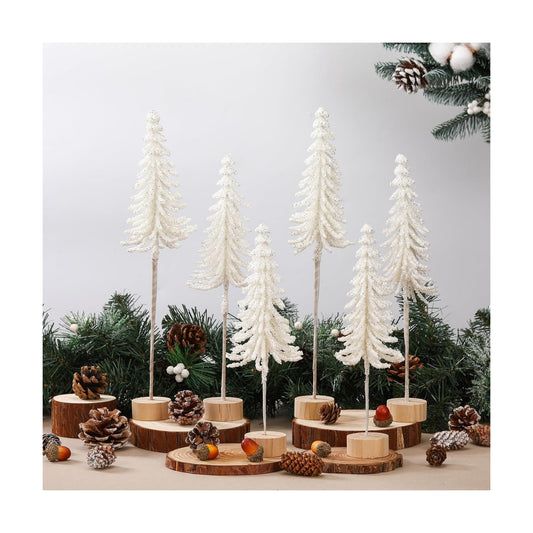 Jetec 6 Pcs Mini Christmas Tree Small Alpine Trees Tabletop Artificial Pine Christmas Tree with Wooden Base Snow Frost Village Bottle Brush Trees Holiday Season Decoration Centerpiece Displays(White)