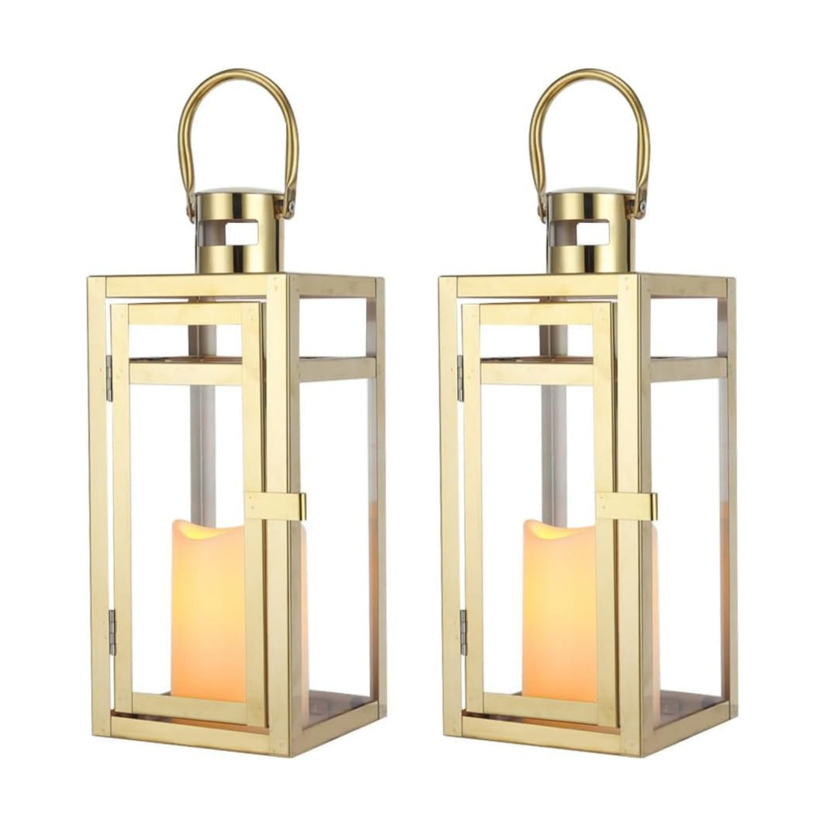 TRIROCKS Set of 2 Stainless Steel Decorative Lantern 12'' High Metal Candle Holder Outdoor Candle Lantern with Tempered