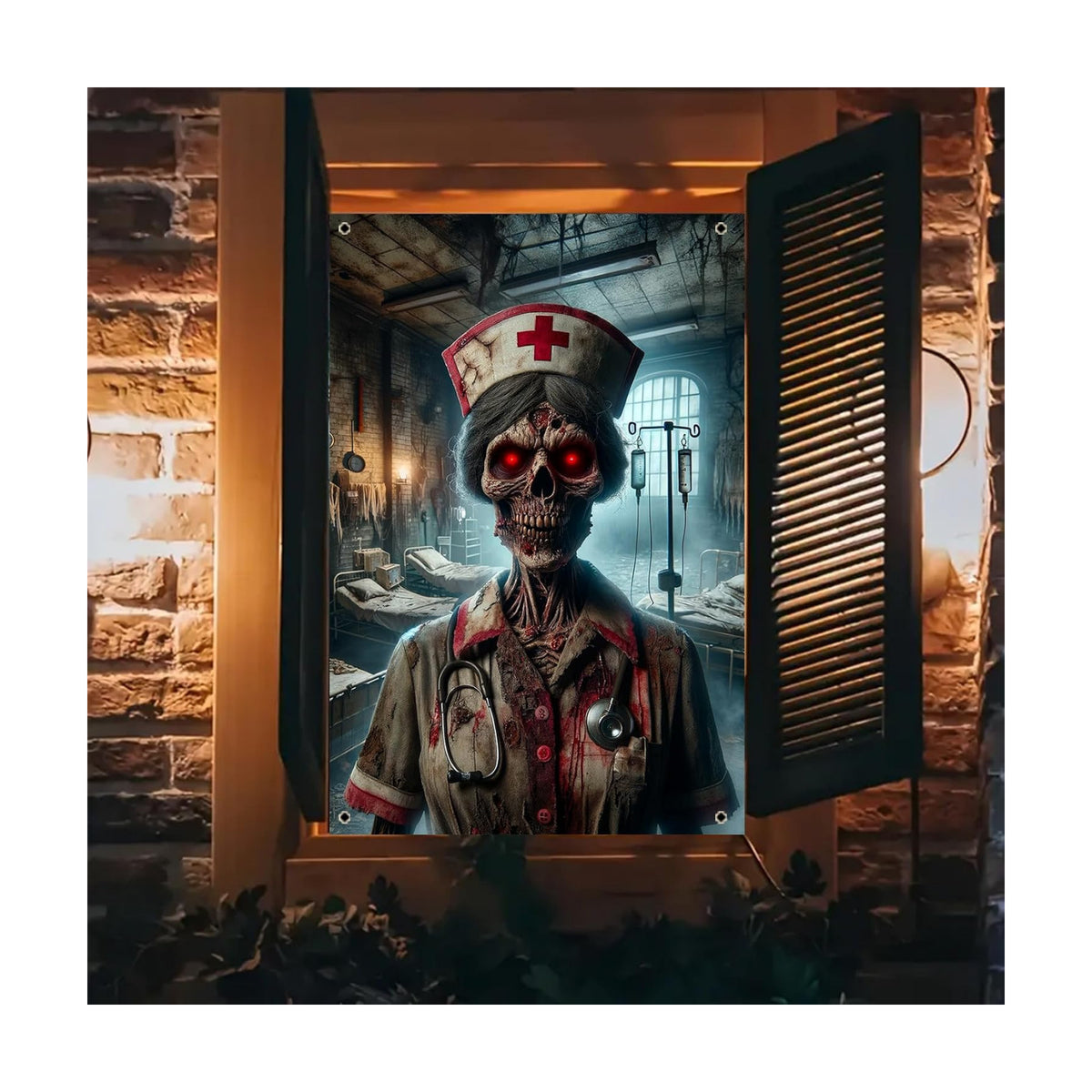 BlissYard Halloween Window Cover Hanging Banner Decor Zombie Nurse Scene 31x47 inch Creepy Bloody Hospital Horror Wall Decoration for Haunted House Door Display Party Prop Backdrop