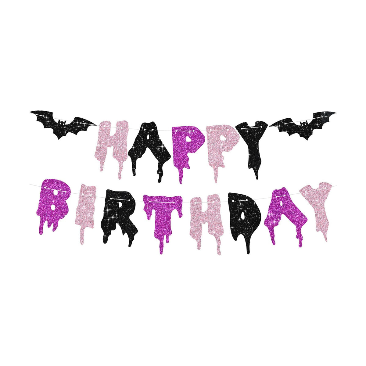 Glitter Pink Purple Black Happy Birthday Halloween Banner - NO DIY - Halloween Hanging Paper Garland Bunting Banner Decorations, Party Supplies for Kids Boy Girl Birthday