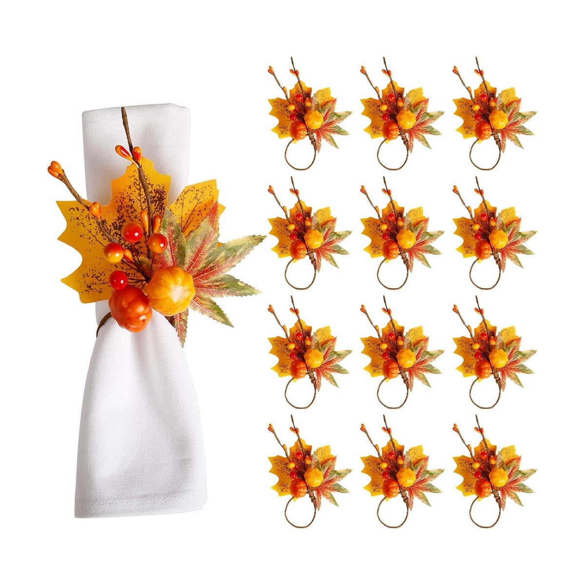 Maple Leaf Napkin Rings Set of 12, Thanksgiving Fall Pumpkin Napkin Holder Rustic Napkin Rings for Thanksgiving Party Banquet Kitchen Table Celebration