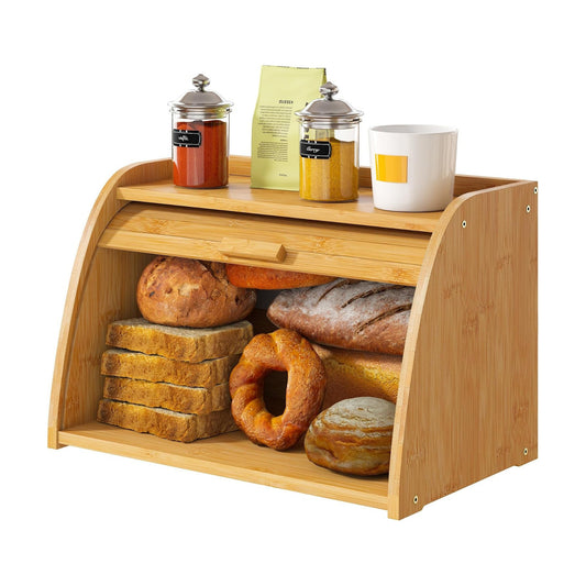 Bread Box for Kitchen Countertop, Large Bamboo Wood Bread Box, Wooden Corner Bread Storage Capacity