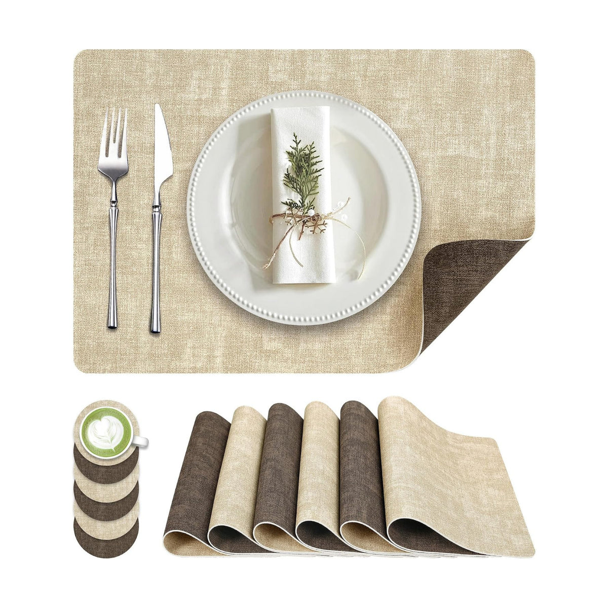 Fyvva Placemats Set of 6 Wipeable Reversible Faux Leather with Coasters | Waterproof, Non-Slip Rectangular Table Mats