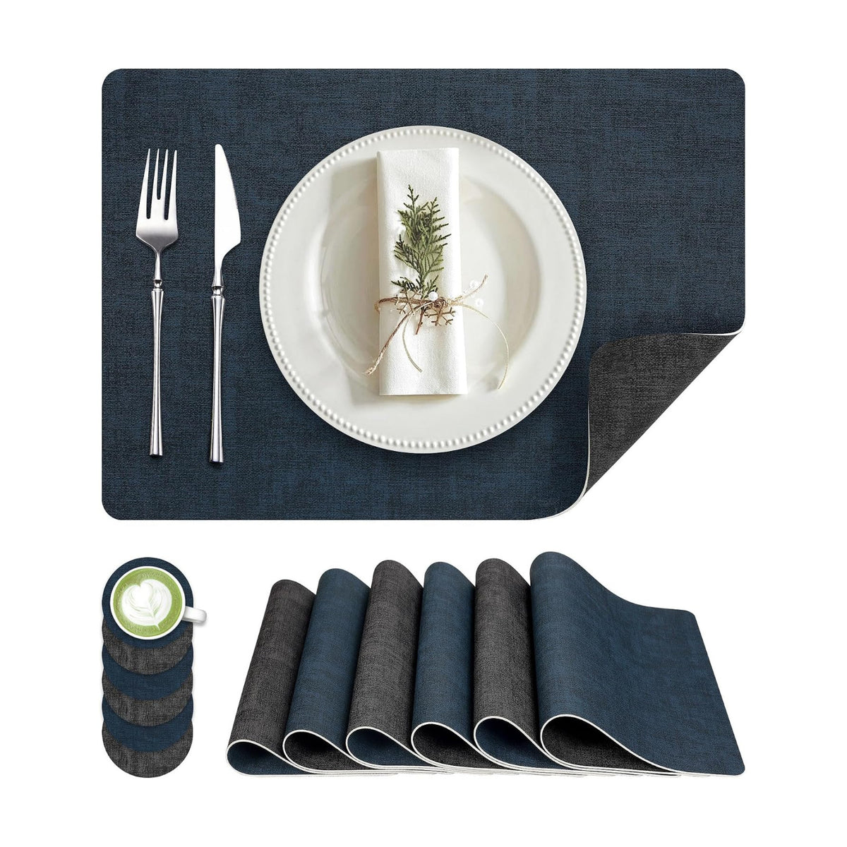 Fyvva Placemats Set of 6 Wipeable Reversible Faux Leather with Coasters | Waterproof, Non-Slip Rectangular Table Mats
