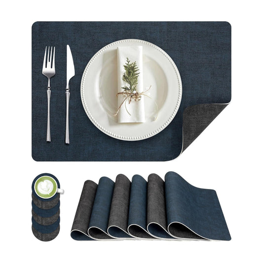 Fyvva Placemats Set of 6 Wipeable Reversible Faux Leather with Coasters | Waterproof, Non-Slip Rectangular Table Mats