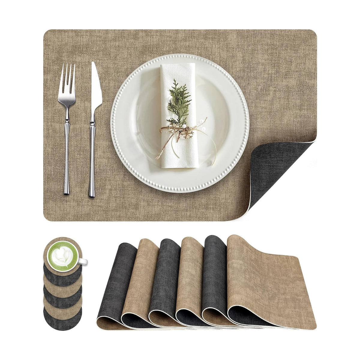 Fyvva Placemats Set of 6 Wipeable Reversible Faux Leather with Coasters | Waterproof, Non-Slip Rectangular Table Mats