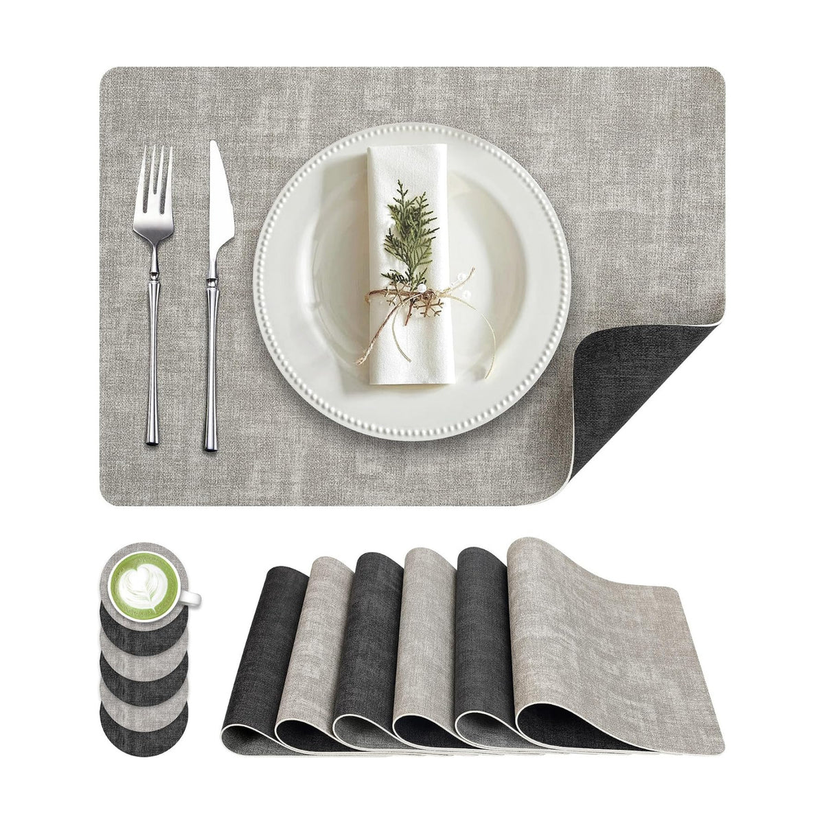 Fyvva Placemats Set of 6 Wipeable Reversible Faux Leather with Coasters | Waterproof, Non-Slip Rectangular Table Mats