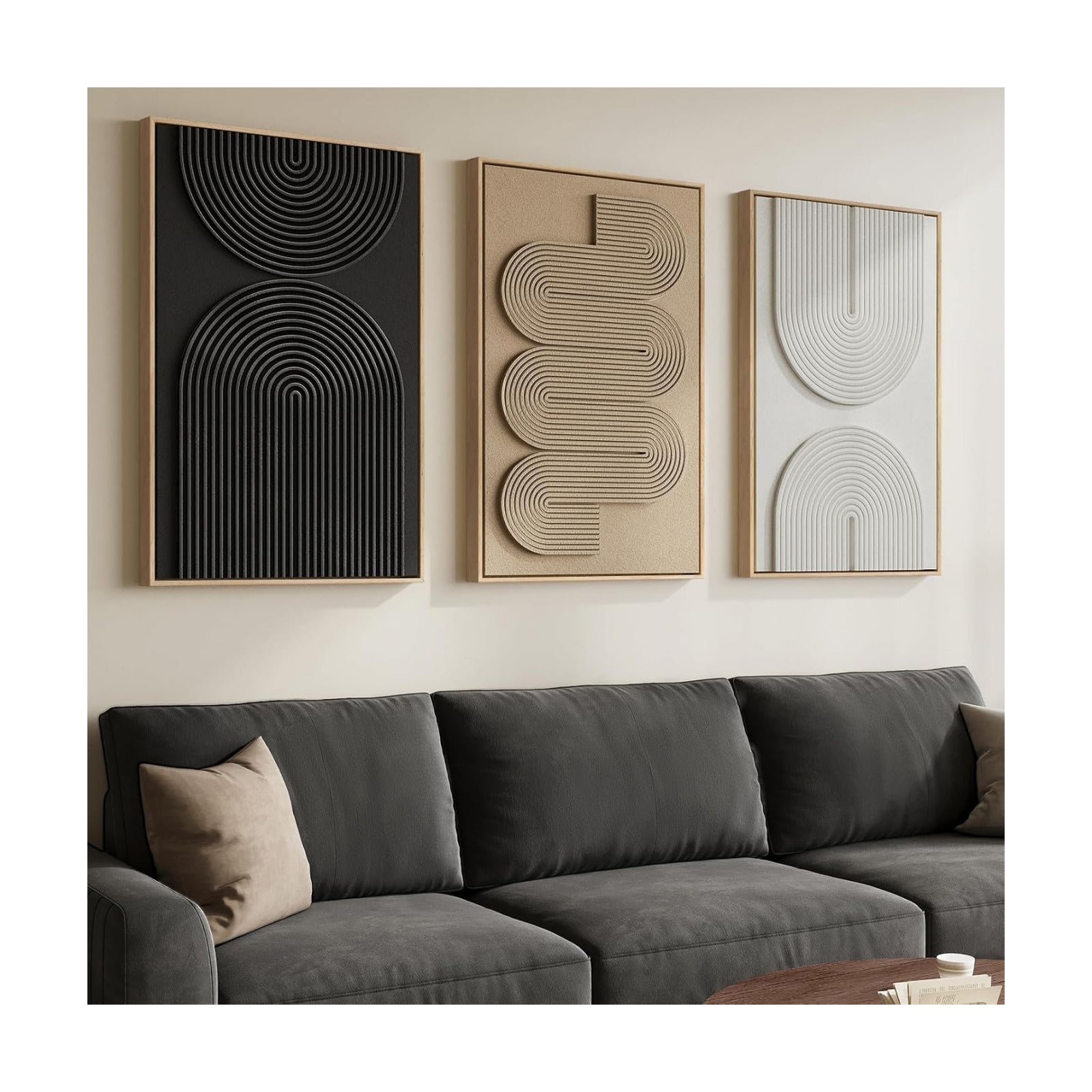 3D Textured Large Framed Boho Neutral Abstract Wall Art Set of 3, 20x30 In