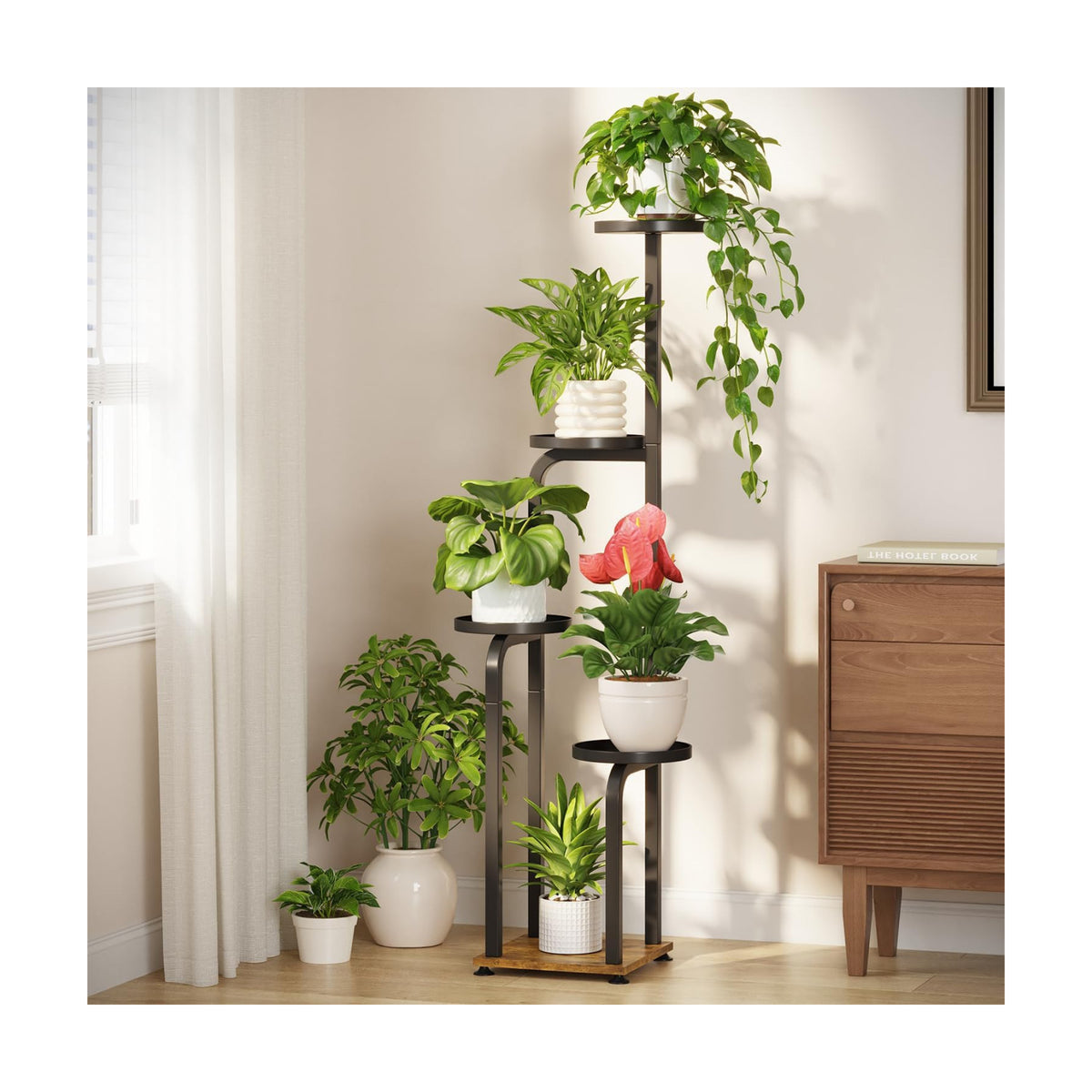 LASZOLA Plant Stand Shelf Tall Indoor Corner, 5 Tier Metal Black | Modern Multiple Flower Display Rack with Metal Tray