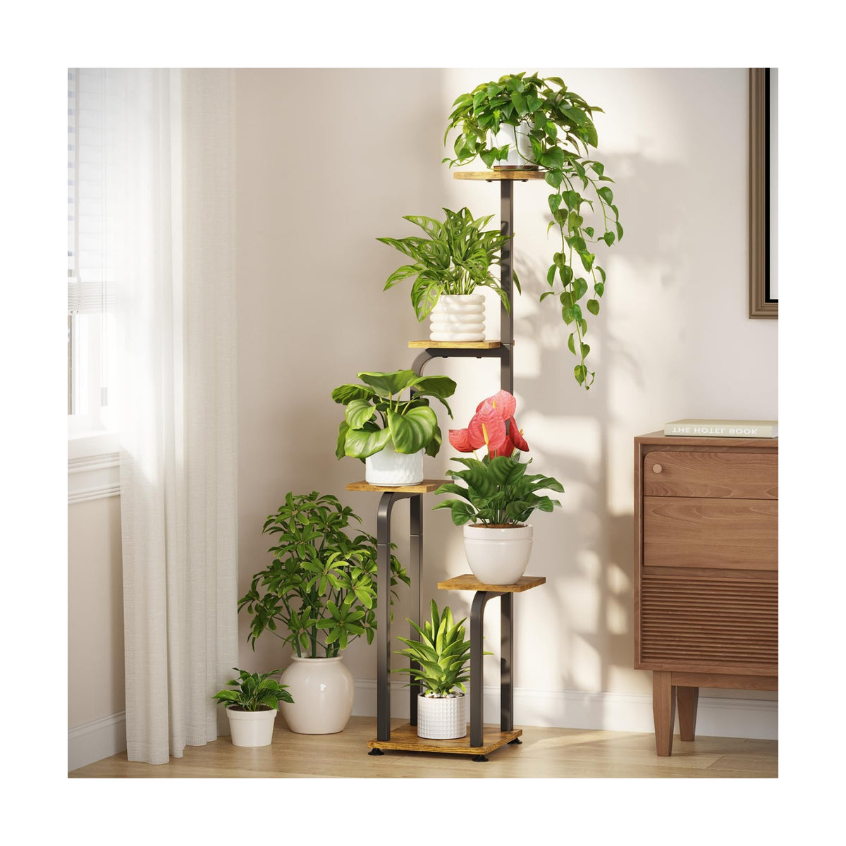 LASZOLA Plant Stand Shelf Tall for Indoor Corner Flower Rack, 5 Tier Brown | Modern Multiple Display with Wooden Tray