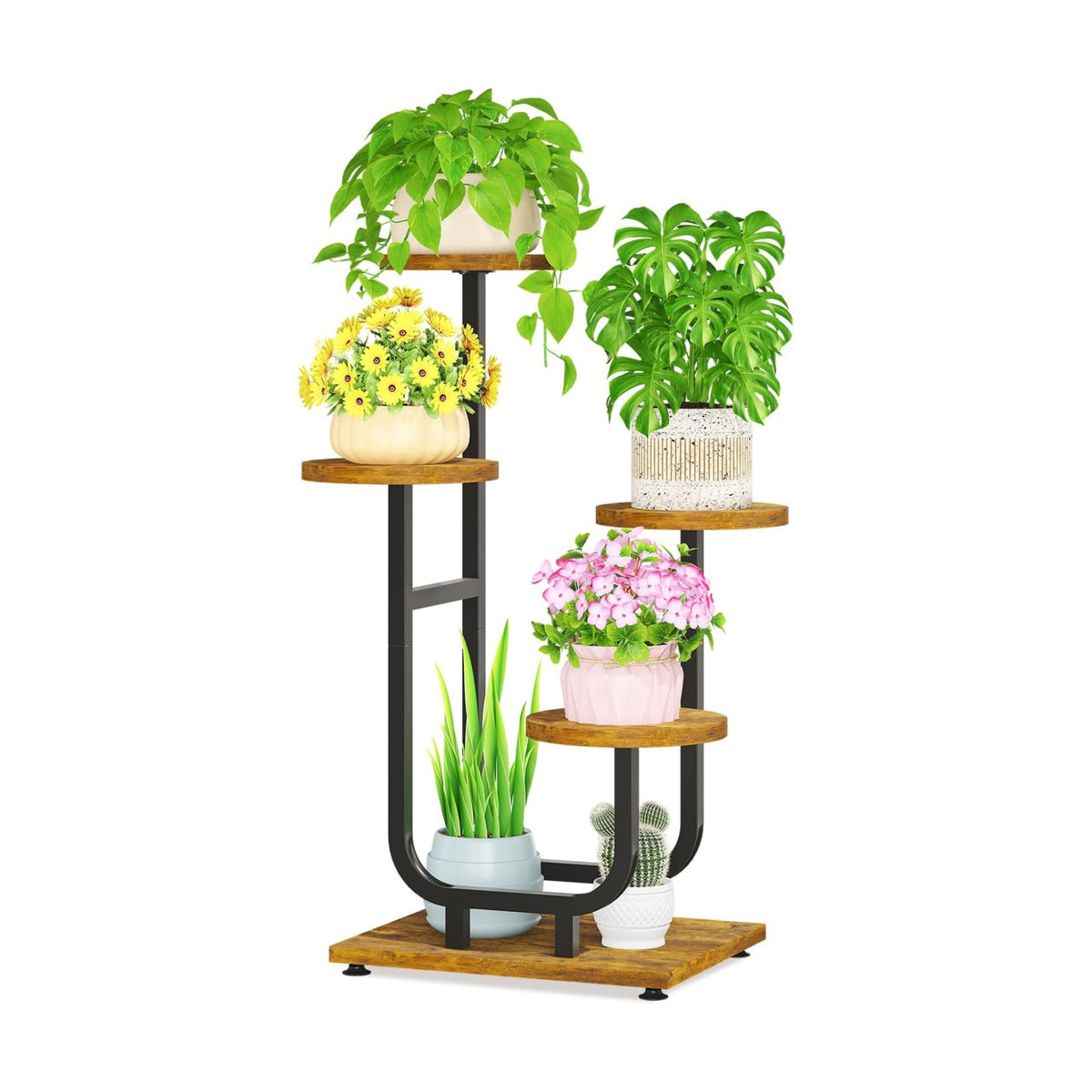 LASZOLA Plant Stand Shelf Tall for Indoor Corner, 4 Tier Wood Brown | Modern Multiple Flower Display Rack with Wooden