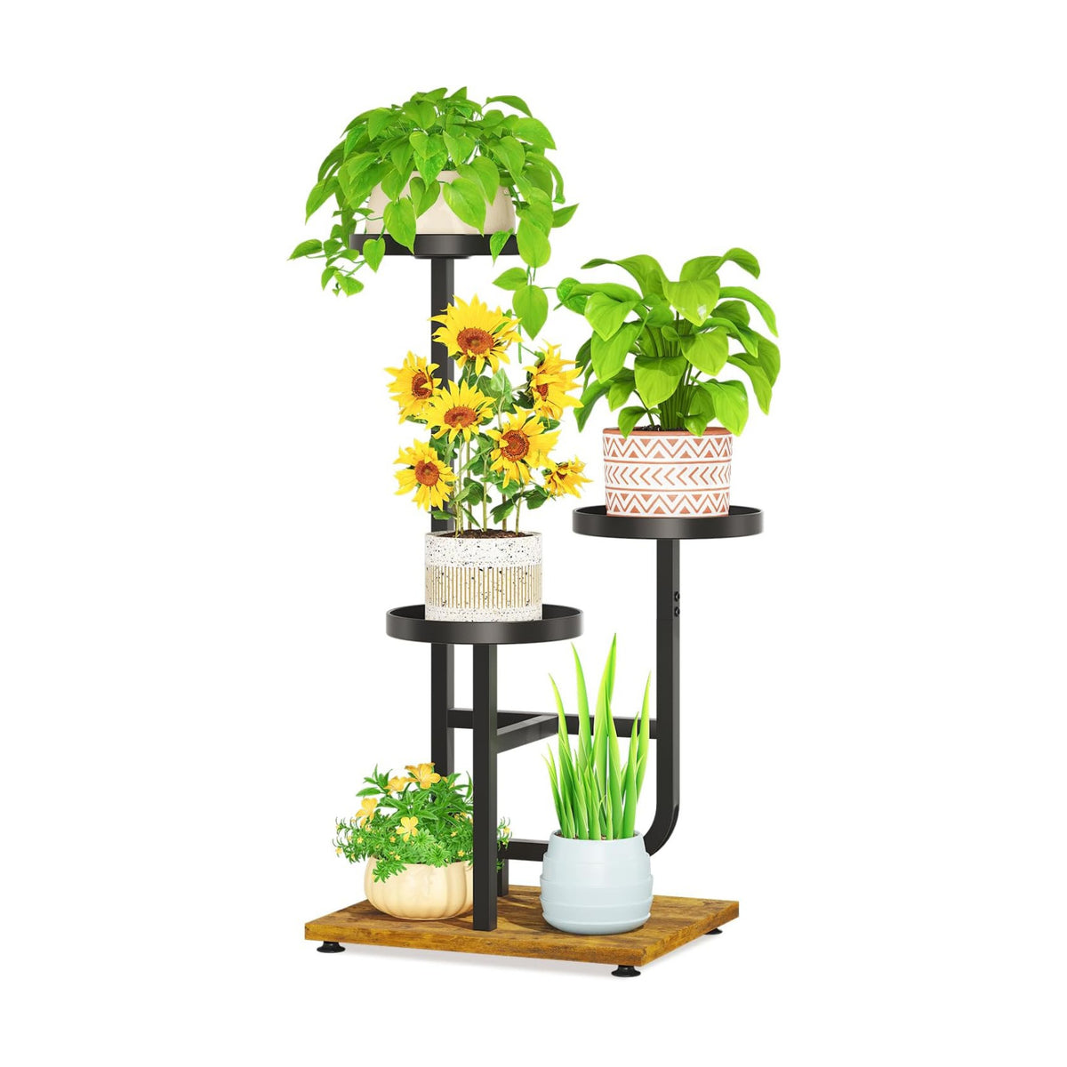 LASZOLA Plant Stand Shelf Tall for Indoor Corner, 3 Tier Metal Black | Modern Multiple Flower Display Rack with Wooden