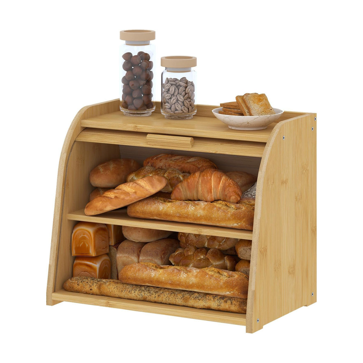 Kitsanery Bread Box for Kitchen Countertop, Bamboo Bread Storage, Double-Layer Roll-Top Bread Container, Farmhouse