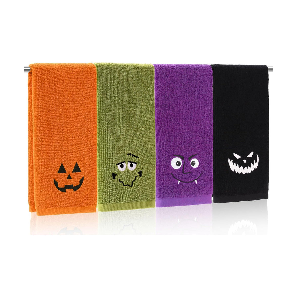 Whaline 4Pcs Halloween Hand Towels Spooky Pumpkin Face Monster Embroidered Cotton Bathroom Towel Absorbent Bath Towel for Hand Drying Cleaning Cooking, 29.5 x 13.7 Inch