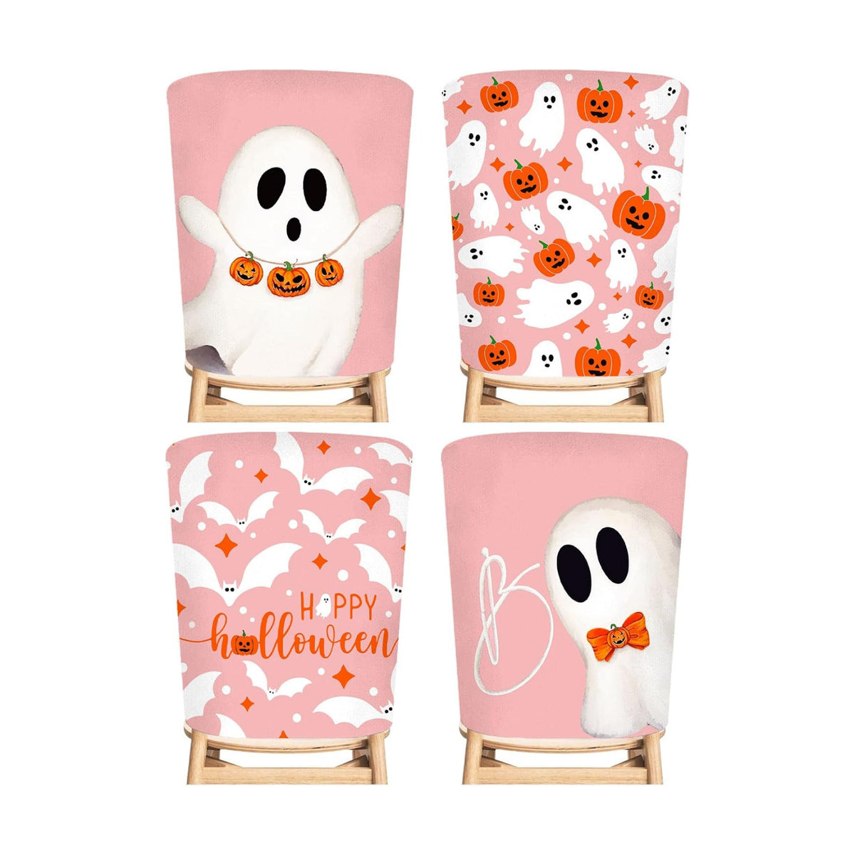 JarThenaAMCS 4 Pcs Halloween Chair Back Covers Pink Ghost Pumpkin Bat Dining Chair Slipcover Removable Seat Protector Cover for Home Kitchen Decorations