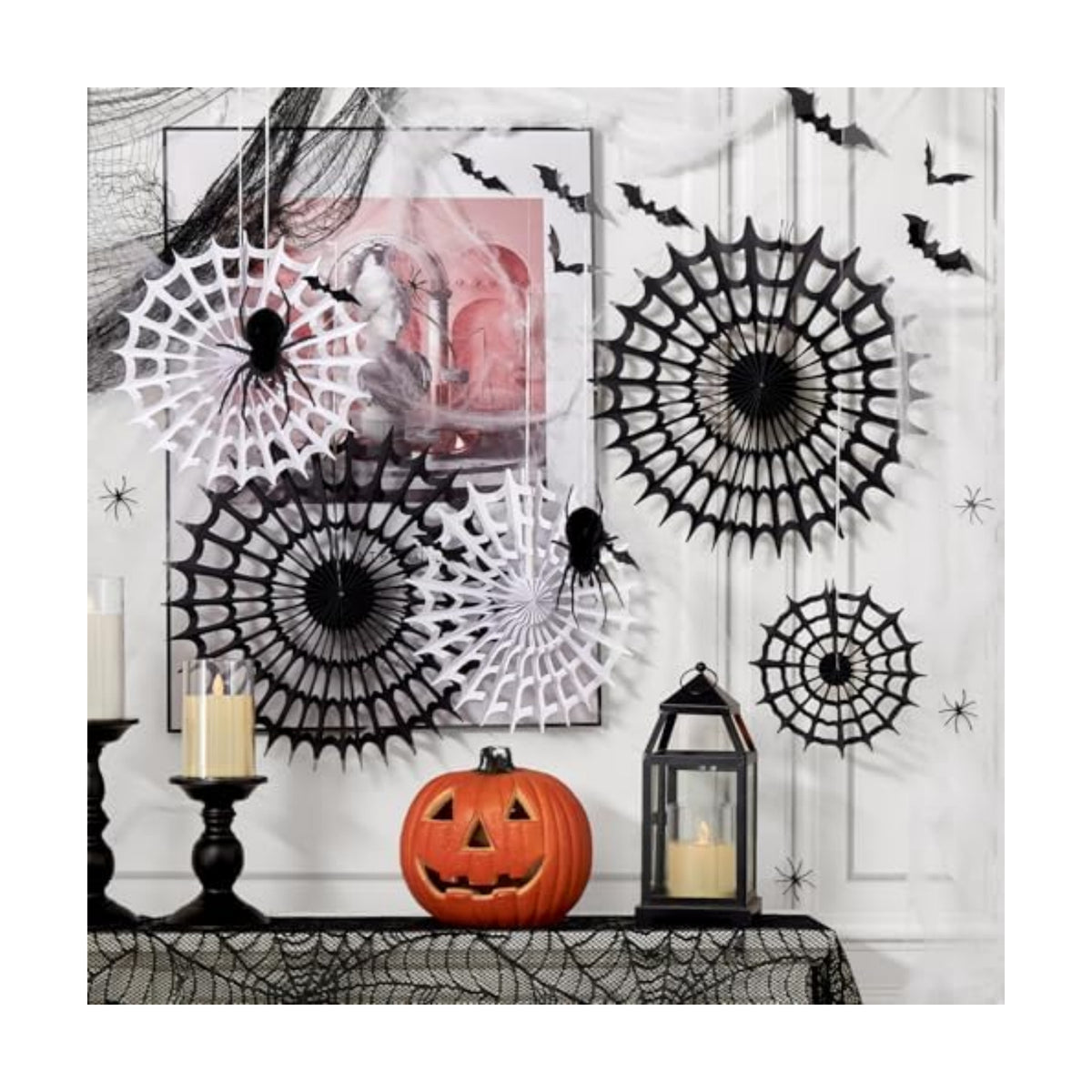 Spider Webs Halloween Decorations with 5 Black White Paper Fans, 6 Fake Spiders and 12 Bat Wall Stickers for Wall Indoor Outdoor Halloween Party Decor