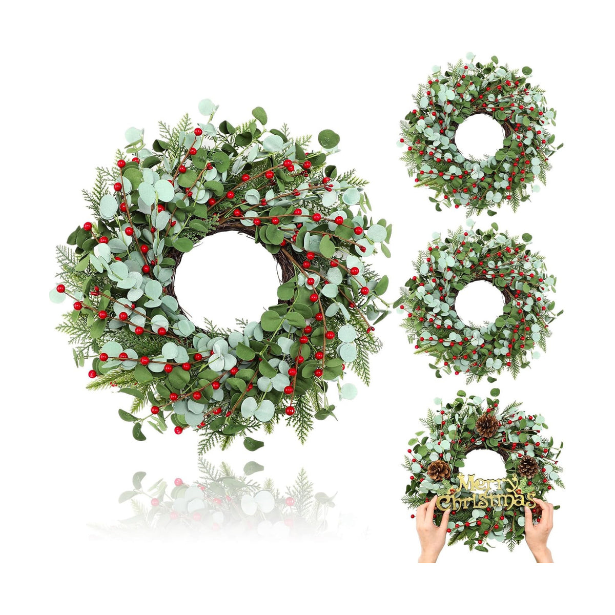 Zeyune 4 Pcs 14" Christmas DIY Green Wreath Artificial Wreath, Chic Style