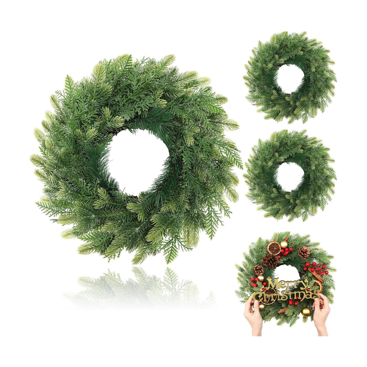 Zeyune 4 Pcs 14" Christmas DIY Green Wreath Artificial Wreath, Novel Style