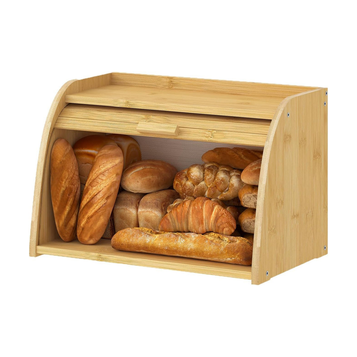 Kitsanery Bread Box for Kitchen Countertop, Bamboo Bread Storage, Double-Layer Roll-Top Bread Container, Farmhouse