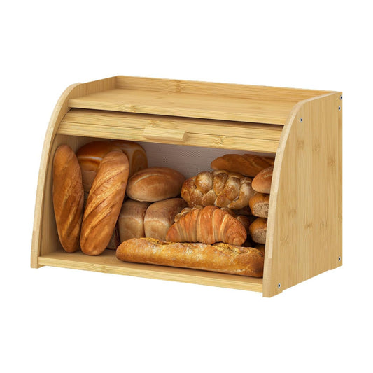 Kitsanery Bread Box for Kitchen Countertop, Bamboo Bread Storage, Double-Layer Roll-Top Bread Container, Farmhouse