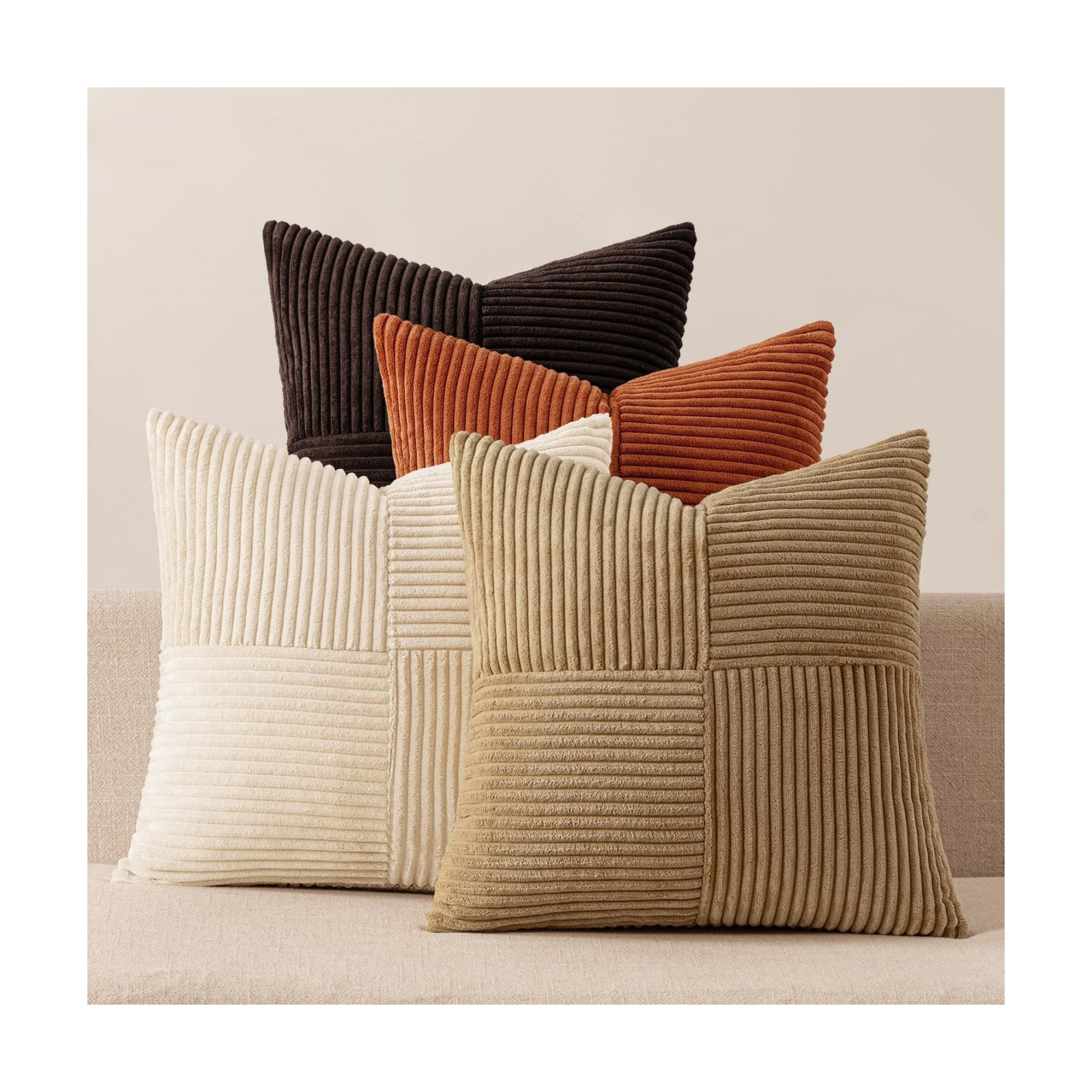 Throw Pillow Covers Boho Farmhouse Cushion Cases for Livingroom / 20 x 20 / Brown Beige / Set of 4