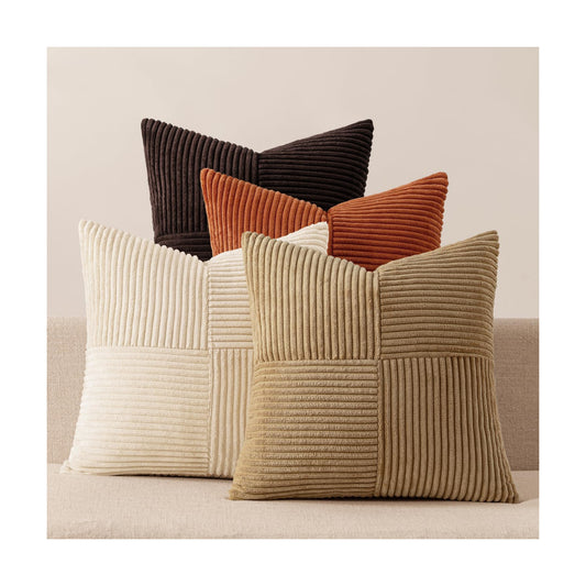 Throw Pillow Covers Boho Farmhouse Cushion Cases for Livingroom / 20 x 20 / Brown Beige / Set of 4