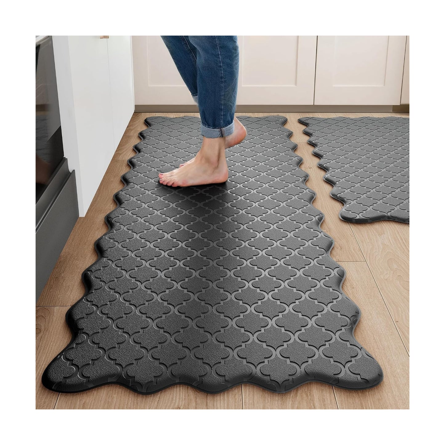 Arenarug Upgrade Scalloped Kitchen Mats for Floor 2PCS, Black Kitchen Rugs